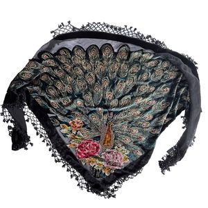 Lucy's Silk Peacock Wrap Shawl Beaded Velvet Trim Fringe Triangle Metallic